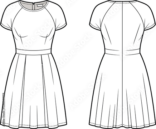 Short sleeve flared dress fashion flat, vector CAD drawing, technical design sketch for garment illustration, professional apparel template, stylish silhouette