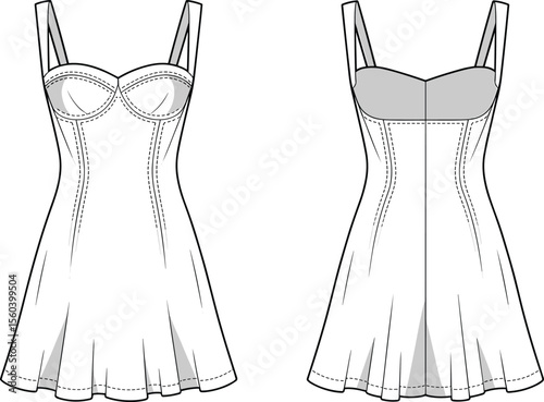 Fashion technical flat of flared bustier dress with straps, detailed CAD drawing for apparel design, vector garment sketch illustration