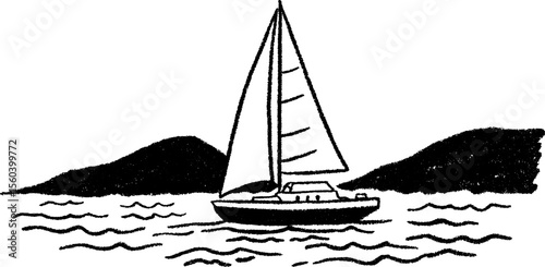 Hand drawn sailboat with raised sail on calm waters
