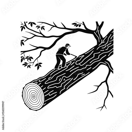 Minimalist Graphic Illustration of a Logger Chopping Wood on a Fallen Tree Log - Forestry, Lumberjack, Nature, Deforestation Vector