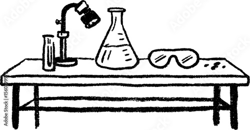 Science lab bench sketch with bunsen burner and equipment for educational design