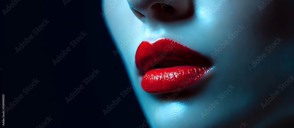 Obraz premium Close-up of striking red lips illuminated by dramatic lighting, highlighting beauty and confidence in a captivating manner.