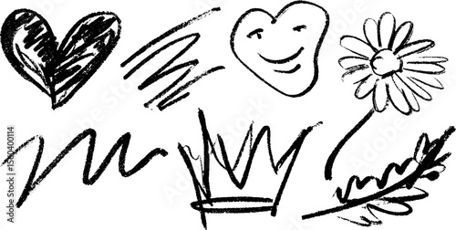 Playful hand drawn heart and daisy flower with scribbles for creative design