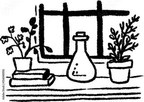 Classroom science poster sketch with plants and laboratory flask