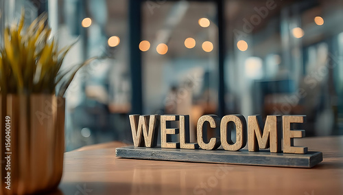 A warm and inviting welcome sign displayed on a wooden desk, creating a friendly atmosphere for visitors in a modern office setting.