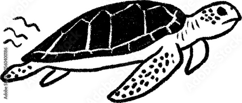 Hand drawn sea turtle sketch with black bold lines for ocean-themed design