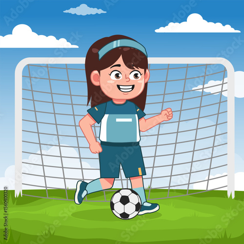 Cute Girl Cartoon Character Playing Football Dribble