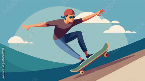 A skateboarder performing a series of impressive tricks at a skate park relying solely on their own physical abilities.. Vector illustration