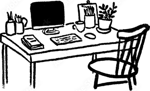 Hand drawn sketch of shared work from home desk setup with plant and stationery