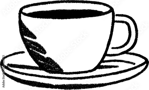 Hand drawn clay cup and tea saucer with textured sketch design