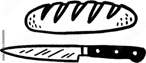 Simple sketch of bread loaf and knife still life design for kitchen decor