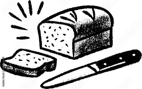 Simple still life sketch with bread loaf and knife for design use