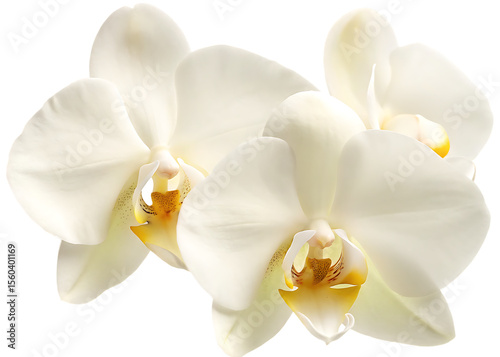 close up of white orchid flowers with yellow center isolated on white background PNG, AI GENERATED