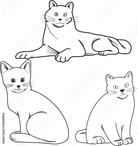 Minimalist cat outlines in various poses, perfect for pet lovers, art illustrations, and design projects. Elegant black outline on a stark white background