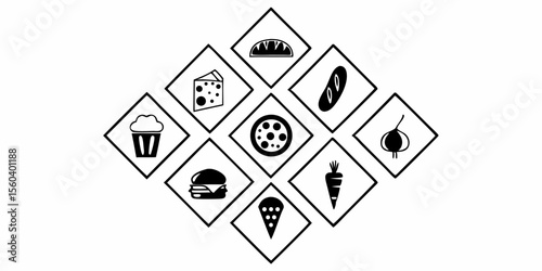 Black and white minimalist food icons arranged in a diamond pattern cheese