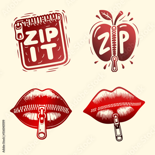 Vector illustration of closed lips with zipper and Zip It text, isolated icon on light background, silence or censorship concept