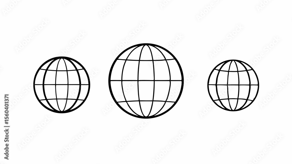 Three black outline globes on a white background world earth