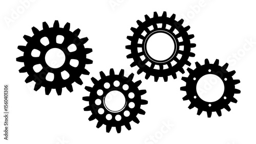 Four black gears interlocking on a white background cogwheel mechanism