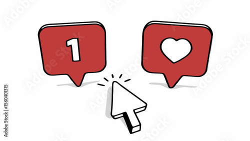 Red notification bubble with number 1 and heart icon with cursor social media like