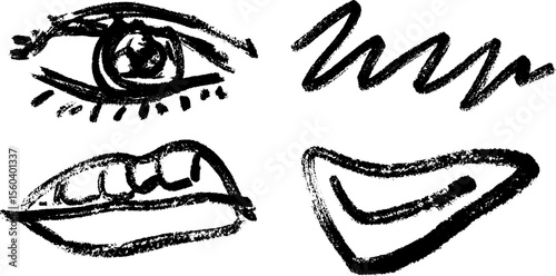 Artistic expressions: eye and mouth sketch with bold brushstrokes