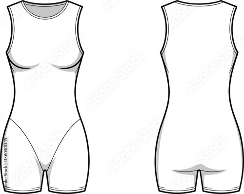 Tight sleeveless short bodysuit flat fashion sketch for women, activewear design with front and back cad vector drawing