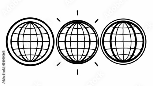 Three black globes with grid lines on white background world earth