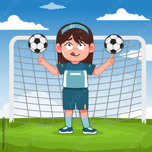 Cute Girl Cartoon Character Playing Football Spinning Ball