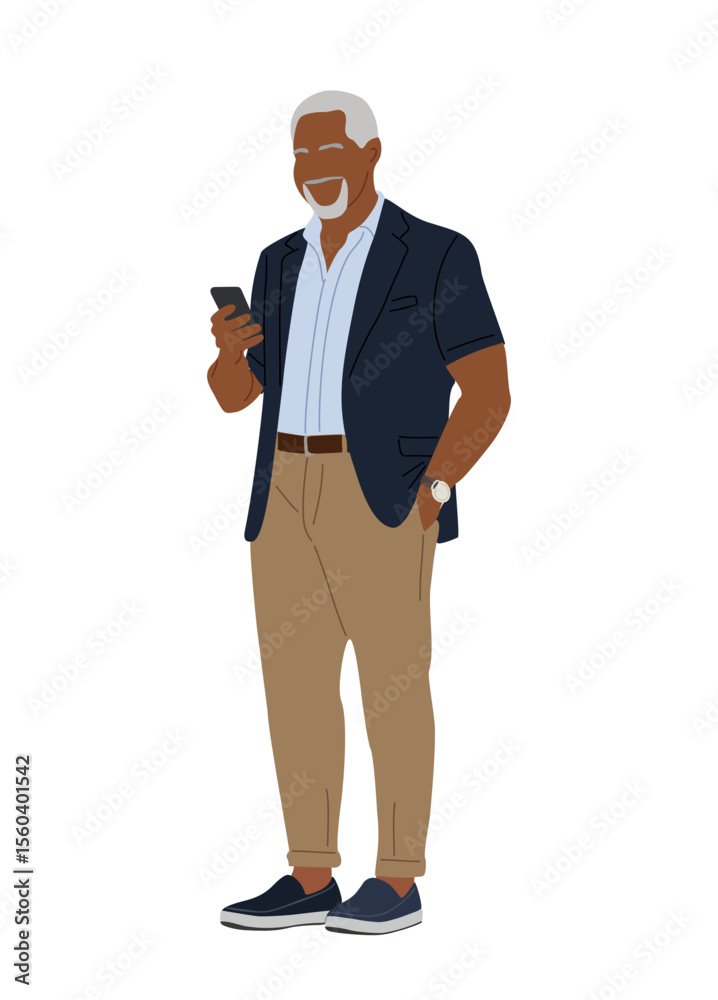 Obraz premium Vector illustration of Black senior businessman in smart casual summer outfit, smiling and holding a phone. Stylish, confident, and modern character isolated on transparent background.