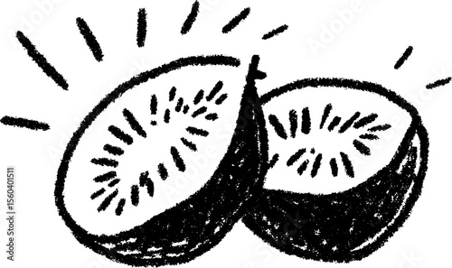 Hand drawn sketch of sliced kiwi showing seeds and fuzzy texture for creative design