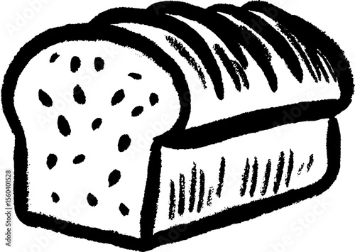 Hand-drawn sketch of sliced loaf of bread with visible grains for bakery design
