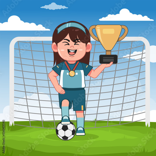 Cute Girl Cartoon Character Playing Football Champion Trophy