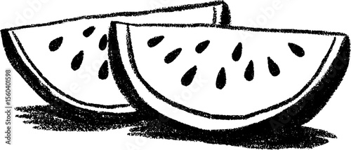 Hand-drawn sketch of sliced watermelon with seeds in black and white for creative designs