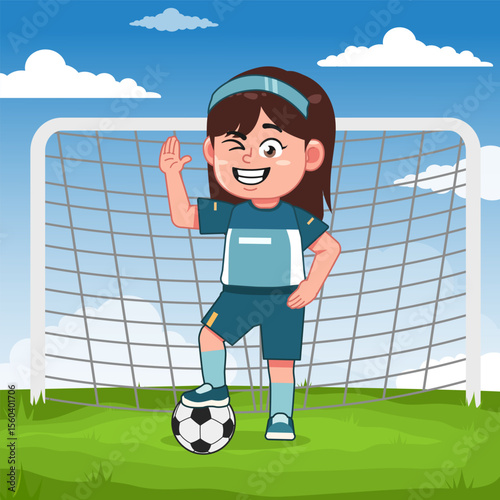 Cute Girl Cartoon Character Playing Football Pose