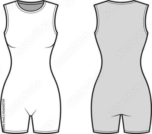 Sleeveless fitted romper bodysuit flat sketch front and back, vector fashion cad drawing for women, activewear style design