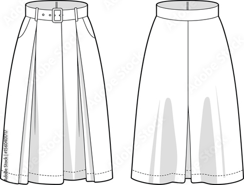 High waist pleated midi skirt flat sketch front and back, fashion cad drawing, vector illustration with belt and pockets
