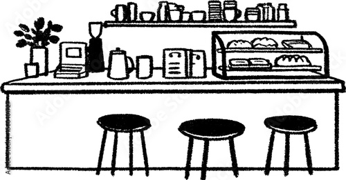 Hand drawn sketch of cozy bakery cafe interior with display counter