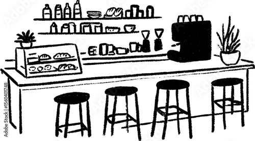 Hand drawn sketch of a cozy bakery café with display counter and stools for design projects