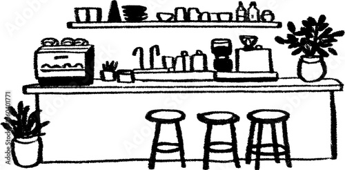 Cozy bakery café interior sketch with display counter and stools