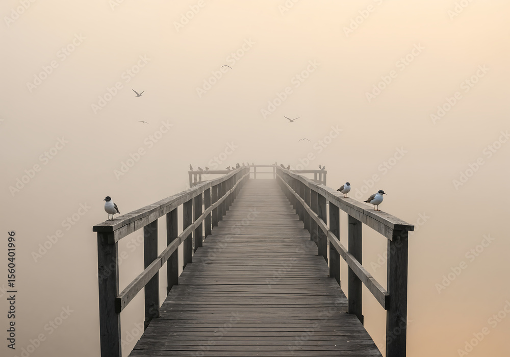 Obraz premium Tranquil Pier Leading into Foggy Lake with Seabirds Perched on Posts in Minimalist Monochrome Morning Light