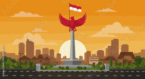 This vector image depicts the iconic Monas (National Monument) in Jakarta with a red bird soaring above, carrying the Indonesian flag.