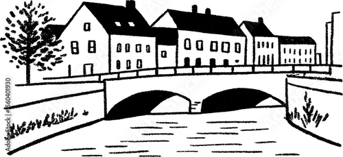 Artistic sketch of a charming canal bridge in town