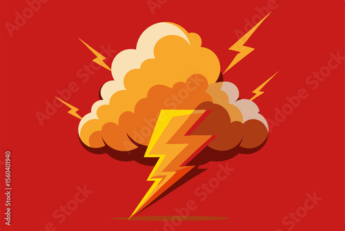 Clouds with lightnings vector image. Dynamic cartoon thunderstorm cloud and lightning bolts. Weather sign.