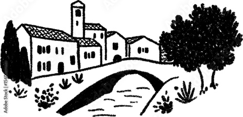 Charming townscape with bridge over canal: hand-drawn urban scene for artistic inspiration