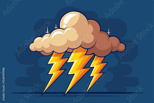 Clouds with lightnings vector image. Dynamic cartoon thunderstorm cloud and lightning bolts. Weather sign.