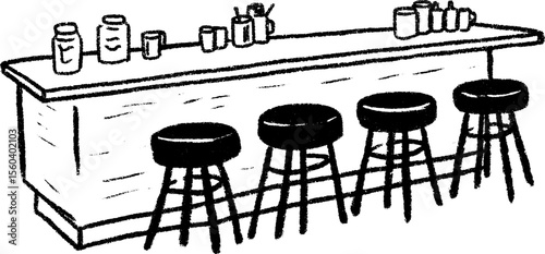 Vintage diner sketch featuring stools at a classic counter