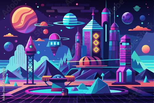 Futuristic Cityscape with Neon Sunset and Space Elements. Vector Illustration.