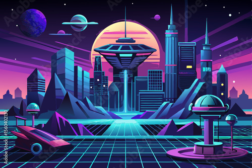 Futuristic Cityscape with Neon Sunset and Space Elements. Vector Illustration.