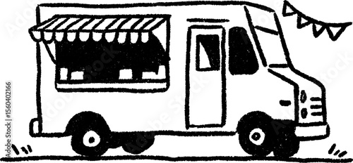 Nostalgic sketch of a small food truck on the roadside with bunting