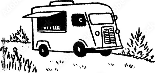 Sketch of a charming roadside food truck displaying rustic appeal