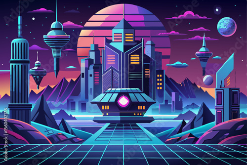 Futuristic Cityscape with Neon Sunset and Space Elements. Vector Illustration.